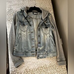 Miss Me Denim Jacket with Gray Hoodie Angel Wings Bling
